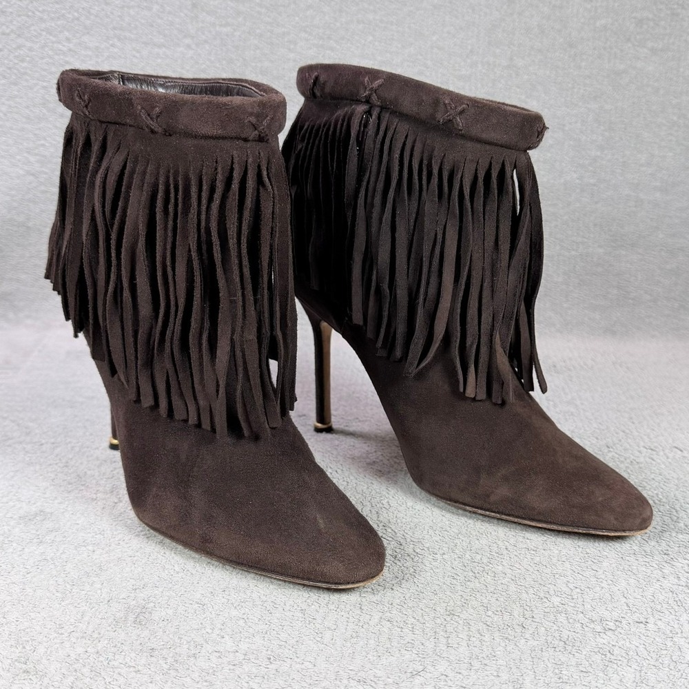 Manolo Blahnik Womens 38.5 Brown Suede Fringe Stiletto Pointed Toe Ankle Boots